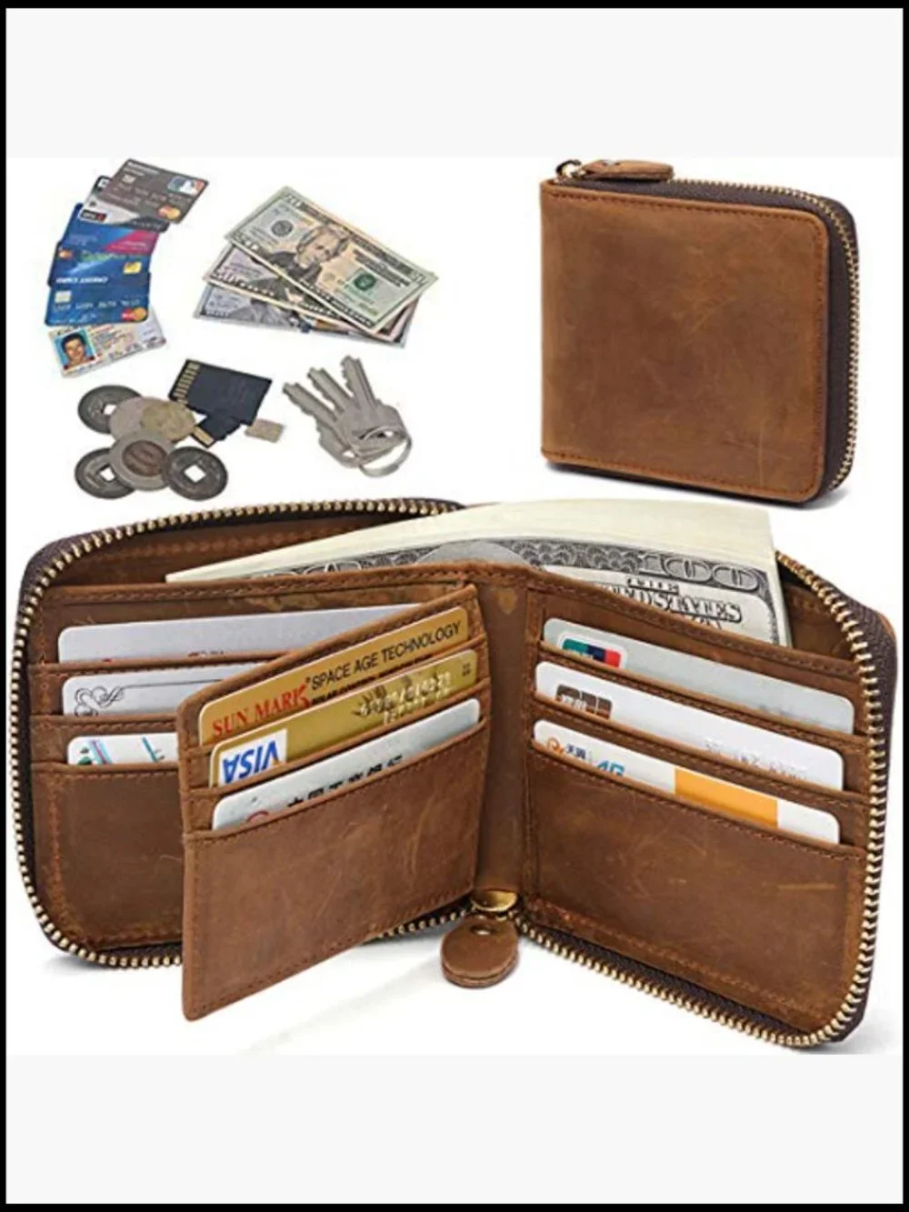 Genuine Leather RFID Blocking Bifold Wallet with Zipper Compact Secure Fit